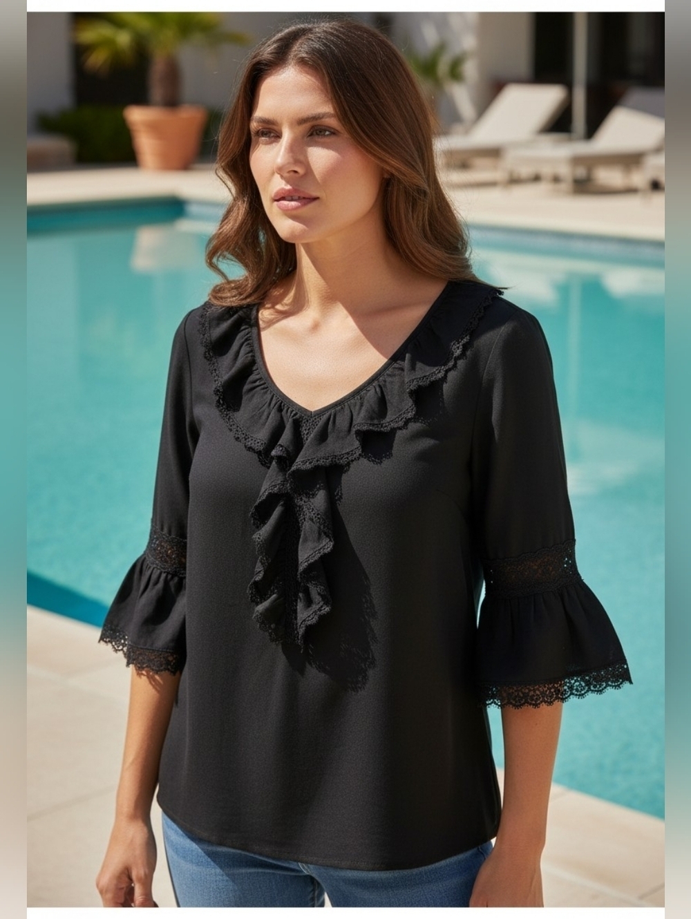 Allegra K - NWOT, Black Blouse W/ Lace Trim, Ruffles In Front & Sleeves, Size M